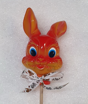 Hasenkopf- Stecker auf Holzstab- rot-gelb lackiert