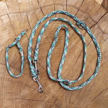 Handgefertigte Hundeleine in mint und passendes Zug-Stopp-Halsband für kleine Hunde